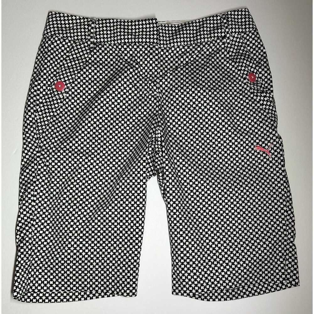 Puma Women’s bermuda golf shorts Black white pink accents Geometric Size 4 29X11